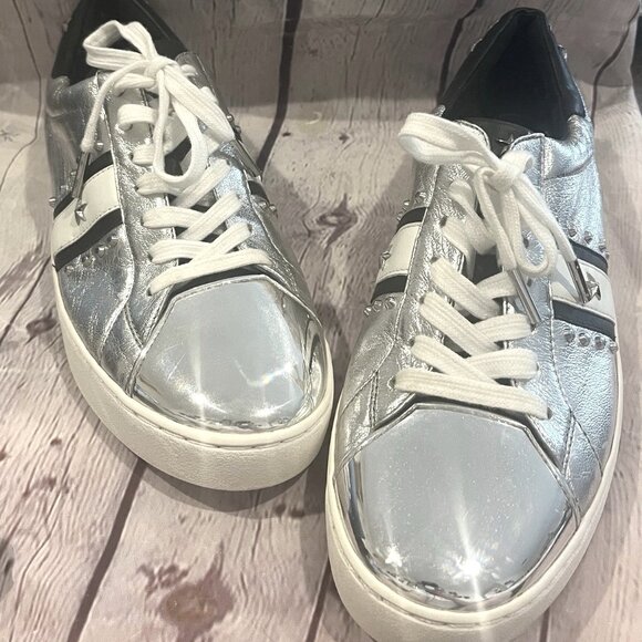 Michael Kors Shoes - Michael Kors Woman's MK Size 9.5 M Frankie Striped Leather Sneakers Silver